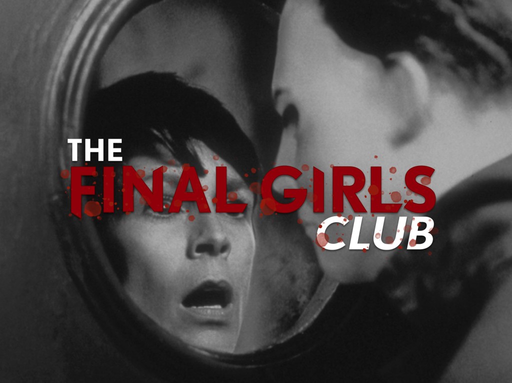 A black and white image from Halloween H20. It shows Laurie Strode (Jamie Lee Curtis) behind a porthole window looking in fear at Michael Myers staring back at her on the other side of the door. Laurie's hair is cropped short here and Michael is still masked. The logo for this series, The Final Girls Club, has been edited over the top of the image. 